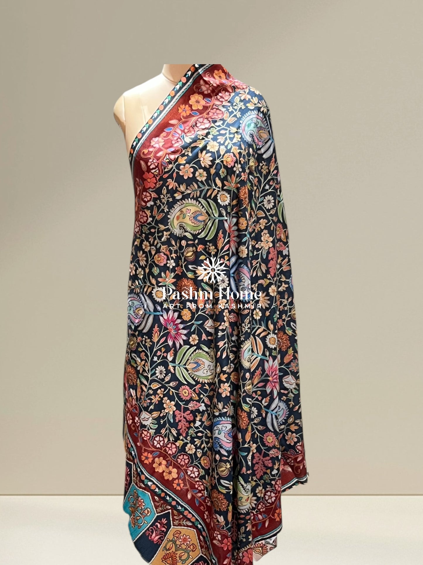 Blue Multicolour Fine Wool Kalamkari Shawl