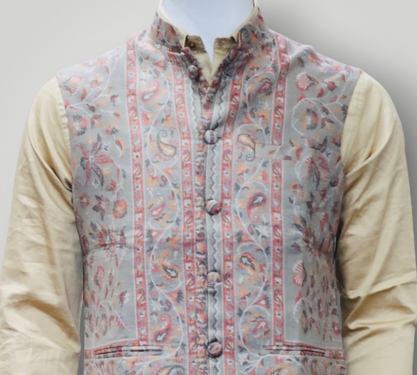 Grey Kani Embroidered Jamawar Waistcoat