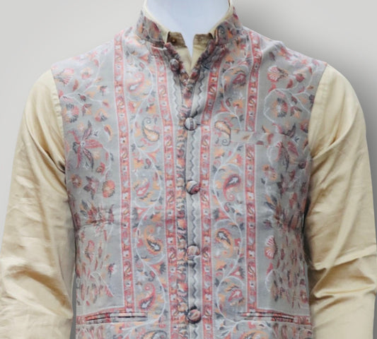 Grey Kani Embroidered Jamawar Waistcoat