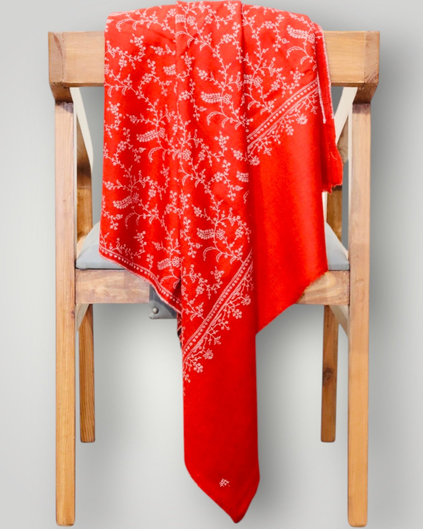 Red Pure Pashmina Sozni Handmade Embroidered Jali Shawl