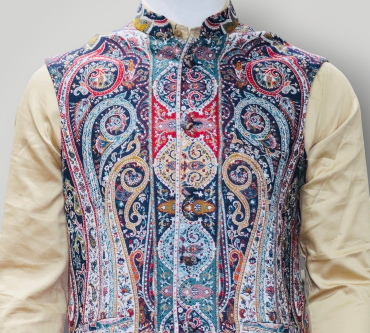 Blue Multicolour Kani Embroidered Jamawar Waistcoat
