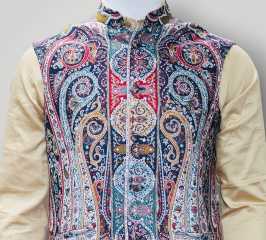 Blue Multicolour Kani Embroidered Jamawar Waistcoat
