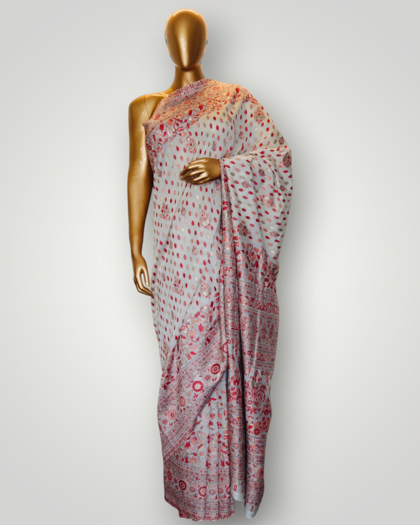 Grey Pure Silk Kani Handmade Saree
