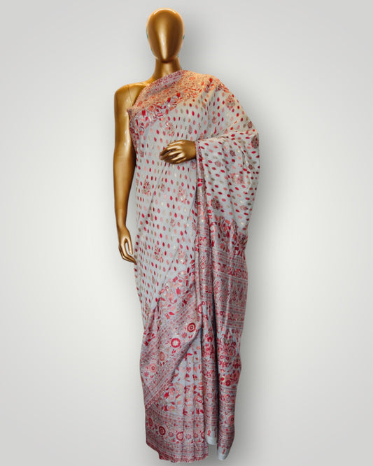Grey Pure Silk Kani Handmade Saree