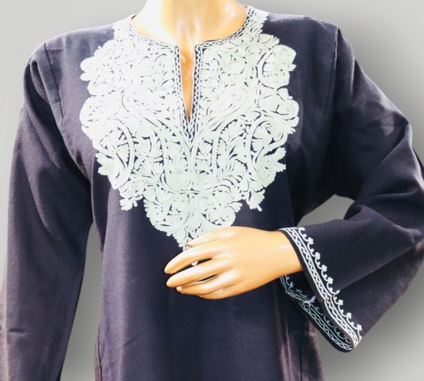 Black Handwork Ari Wool Pheran With Silver Embroidery