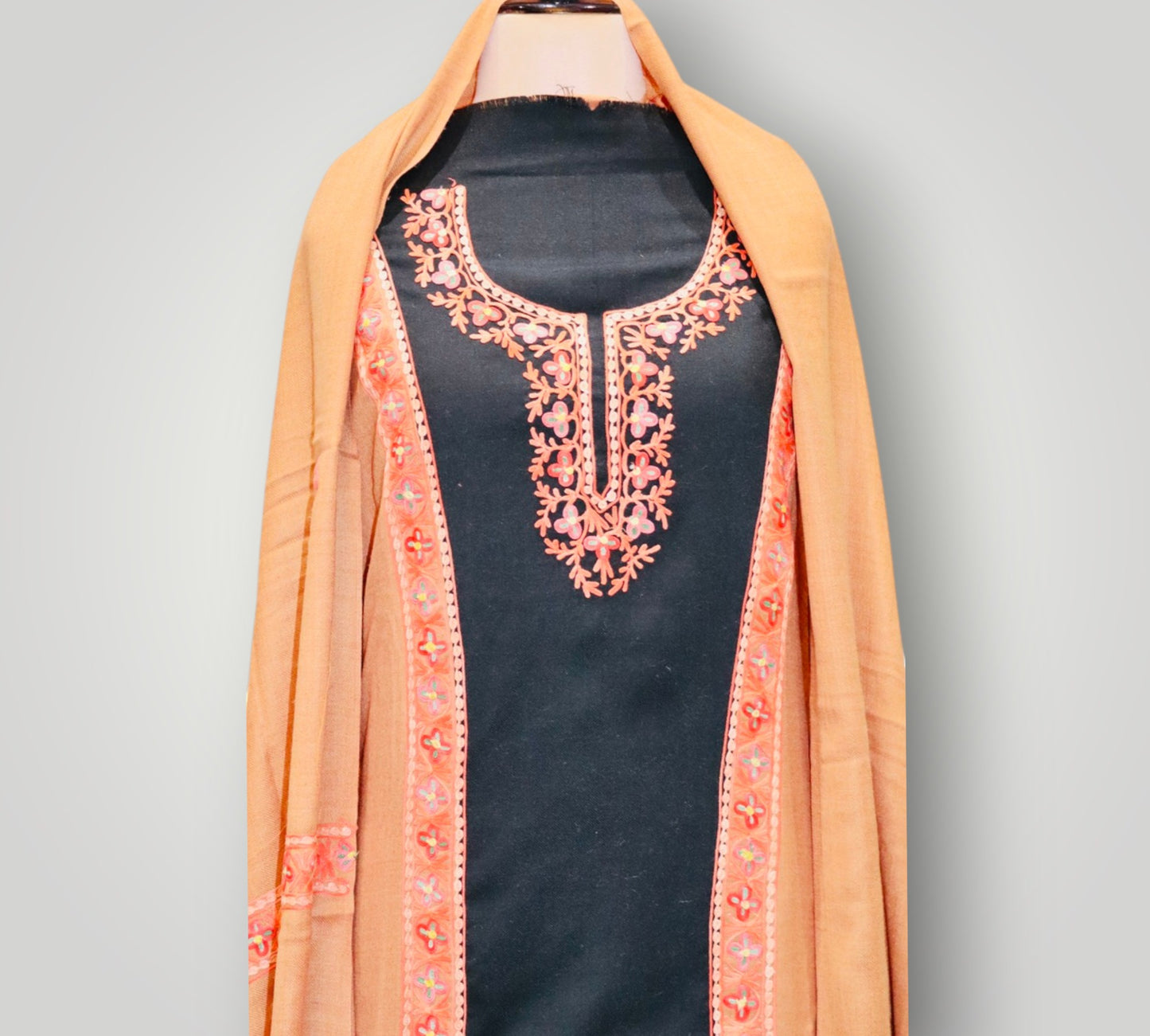 Black Pure Wool Ari Double Shade Suit With Dupatta