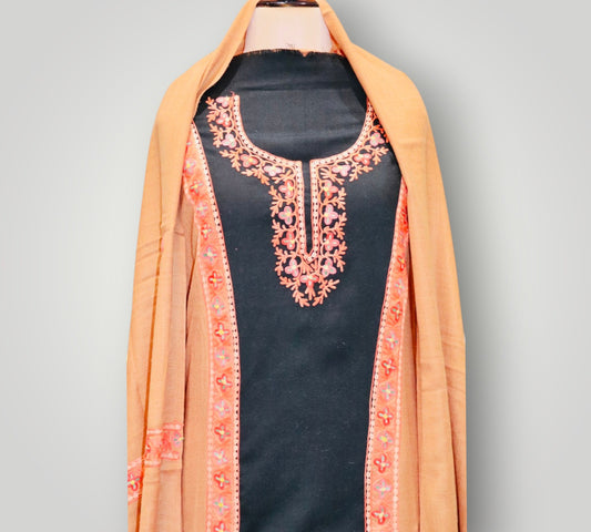 Black Pure Wool Ari Double Shade Suit With Dupatta