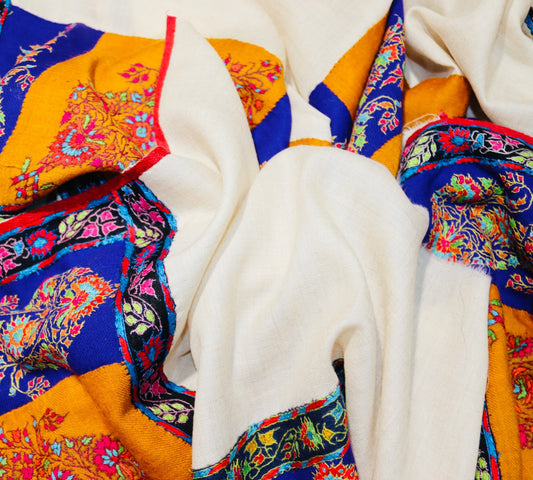 White Pure Pashmina Handmade Kalamkari Border Shawl
