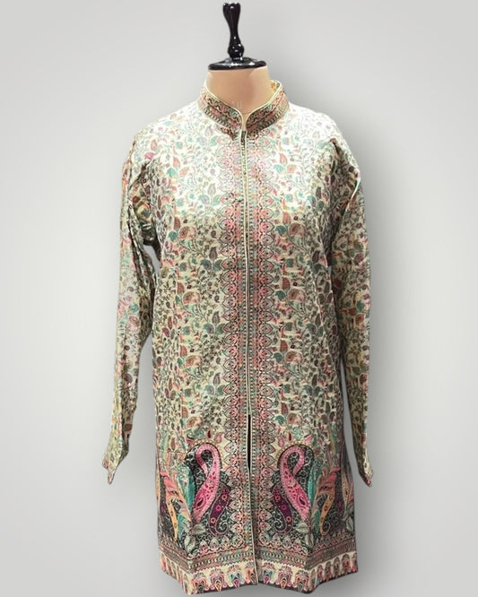 Cream Beige Fine Silk Kani Weaved Coat