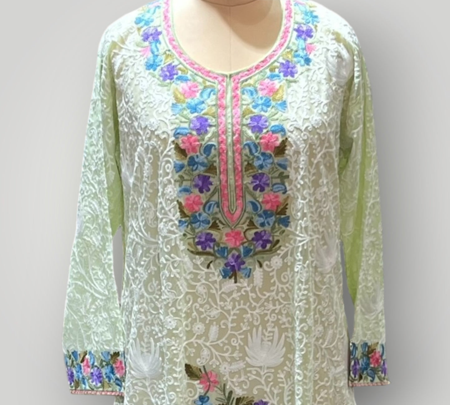 Light Green Floral Pure Georgette Top Suit With Hand Embroidered Ari Work
