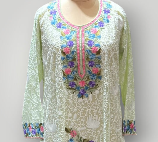Light Green Floral Pure Georgette Top Suit With Hand Embroidered Ari Work