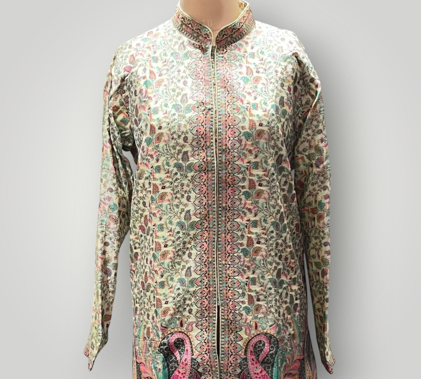 Cream Beige Fine Silk Kani Weaved Coat
