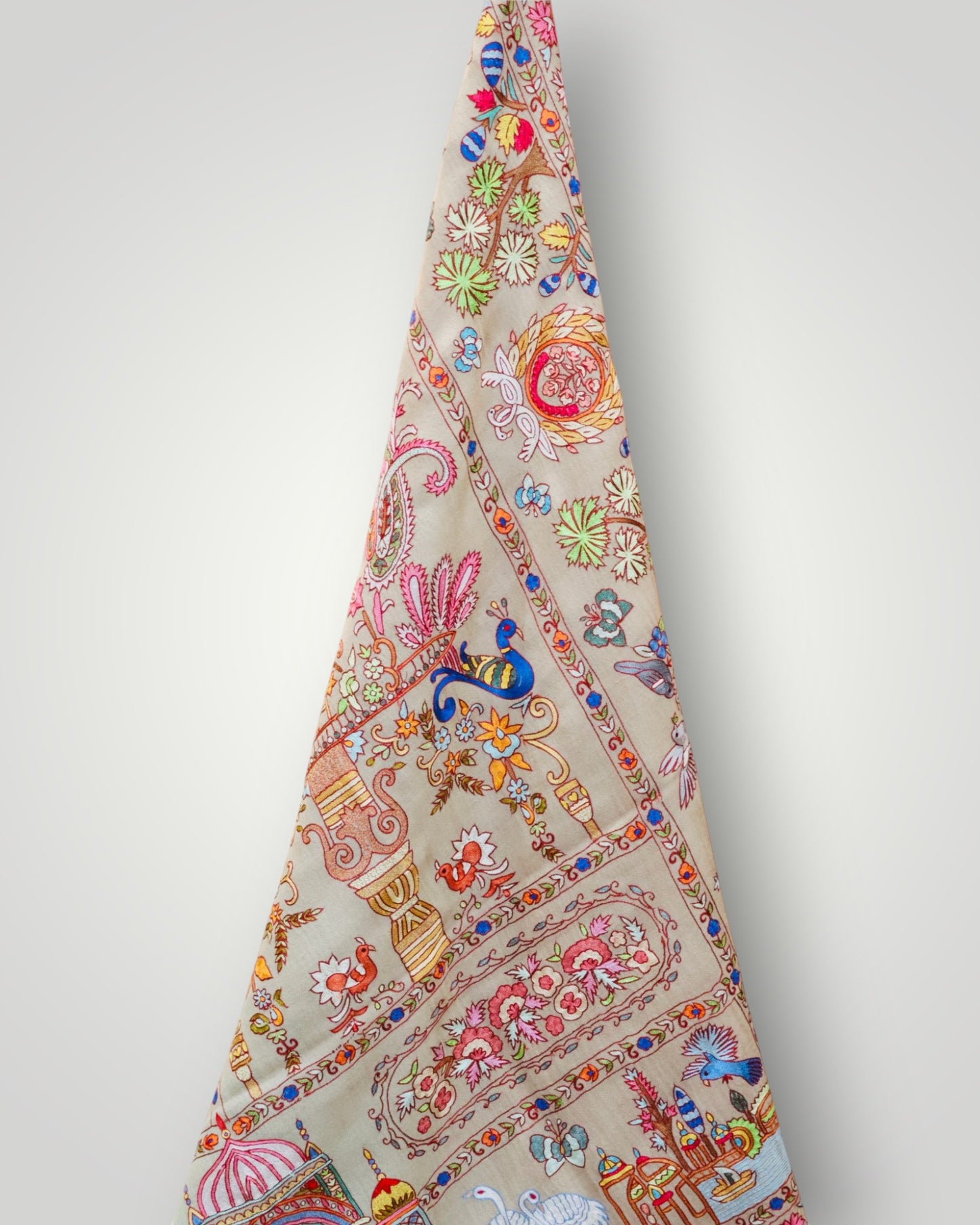 Seafoam Blue Shikargah Pure Pashmina Handmade Kalamkari Shawl