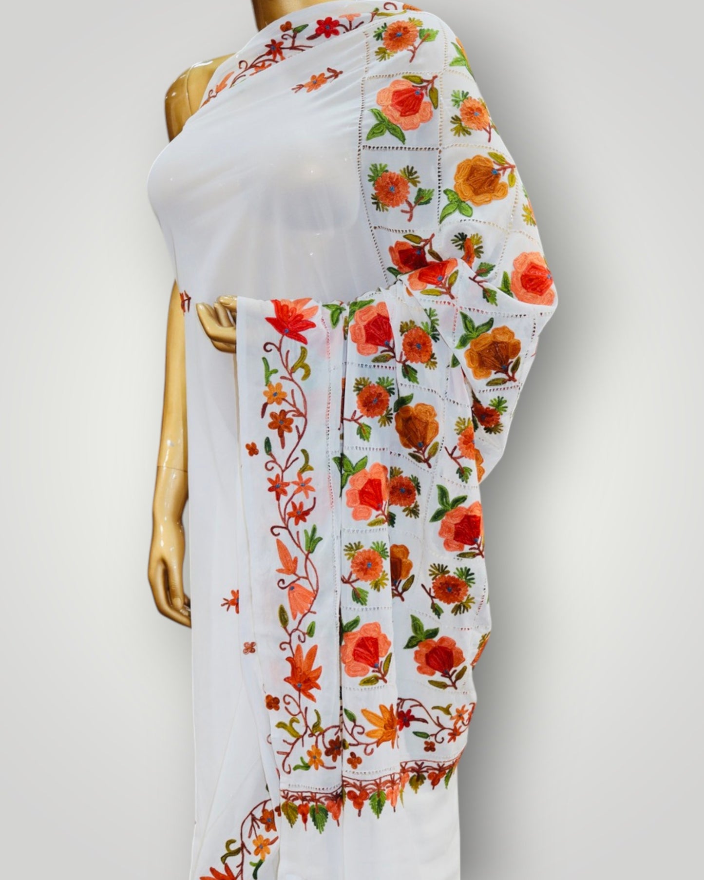 White Georgette Ari Cut Work Saree
