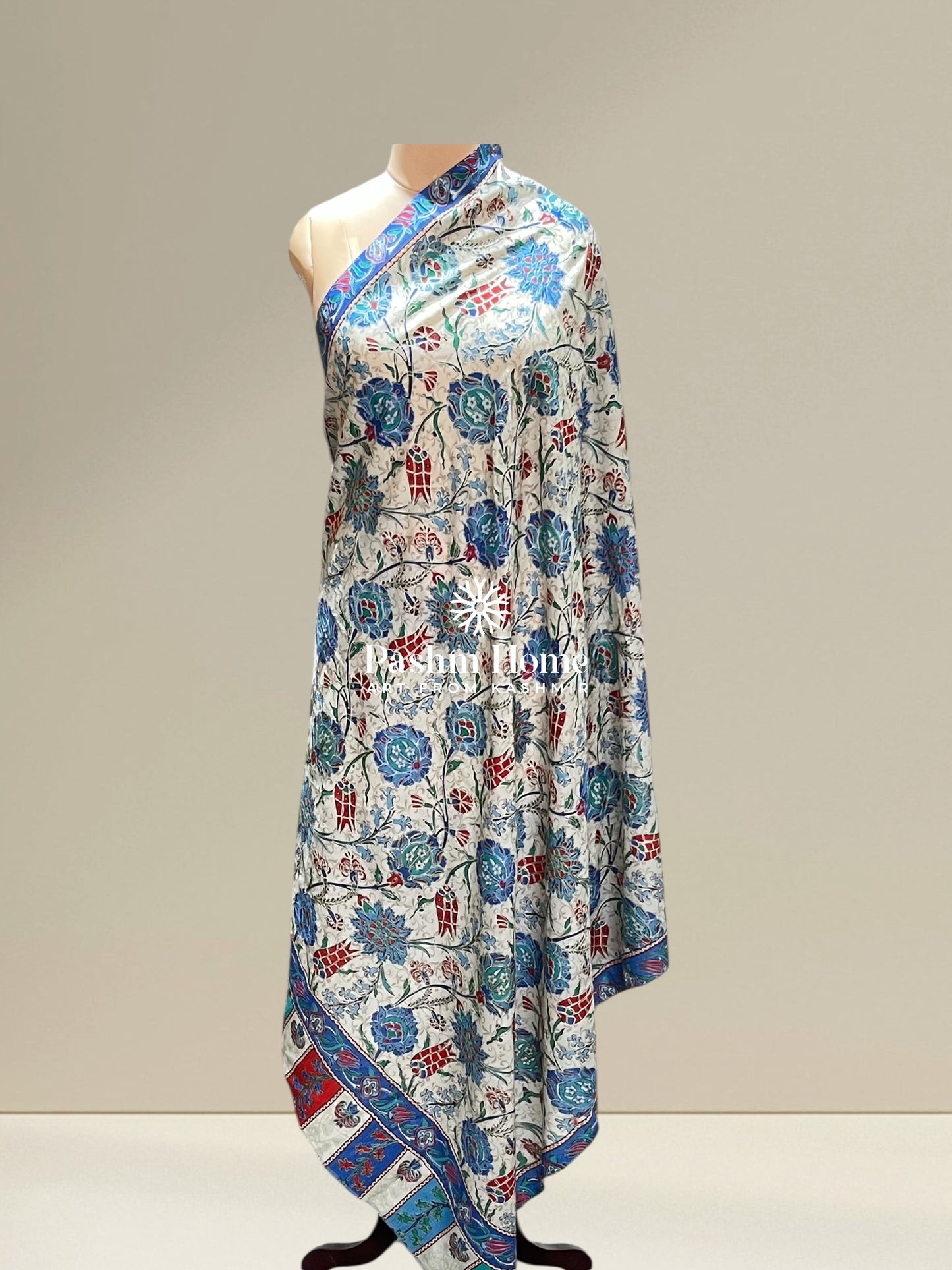 White And Blue Fine Wool Kalamkari Shawl