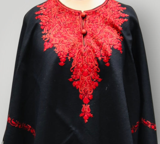 Black Red Floral Design Embroidery Handwoven Poncho