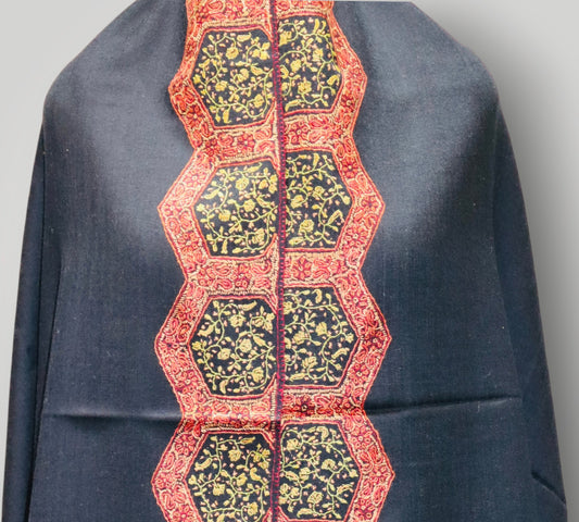 Black Pure Wool Sozni Shawl