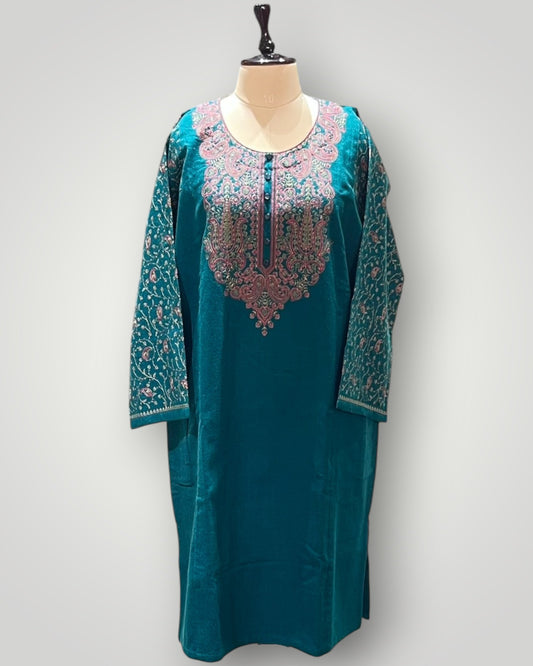 Teal Embroidered Ari Work Pheran