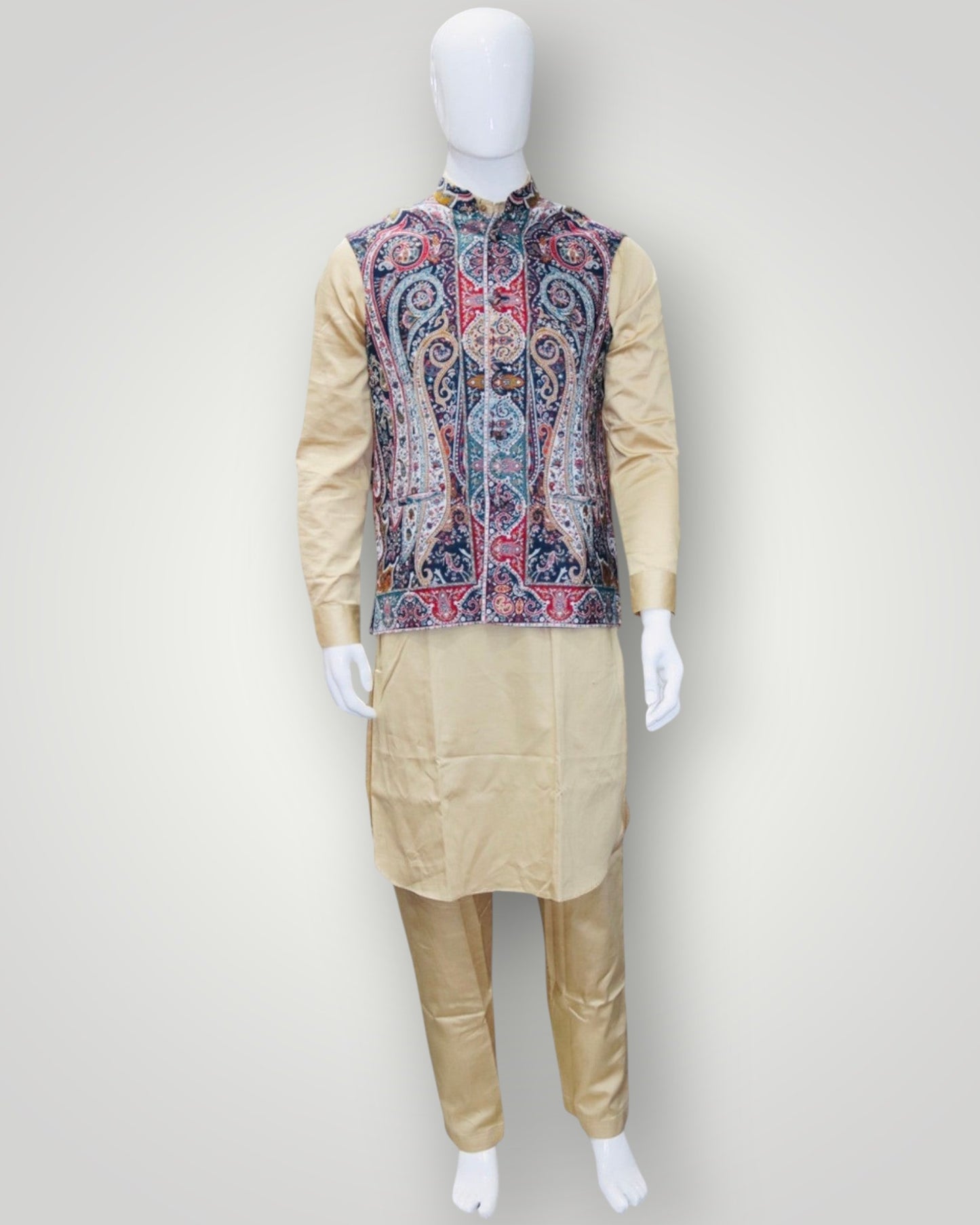 Beige Kani Embroidered Jamawar Waistcoat