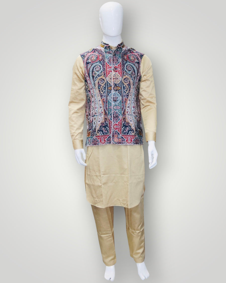 Blue Multicolour Kani Embroidered Jamawar Waistcoat