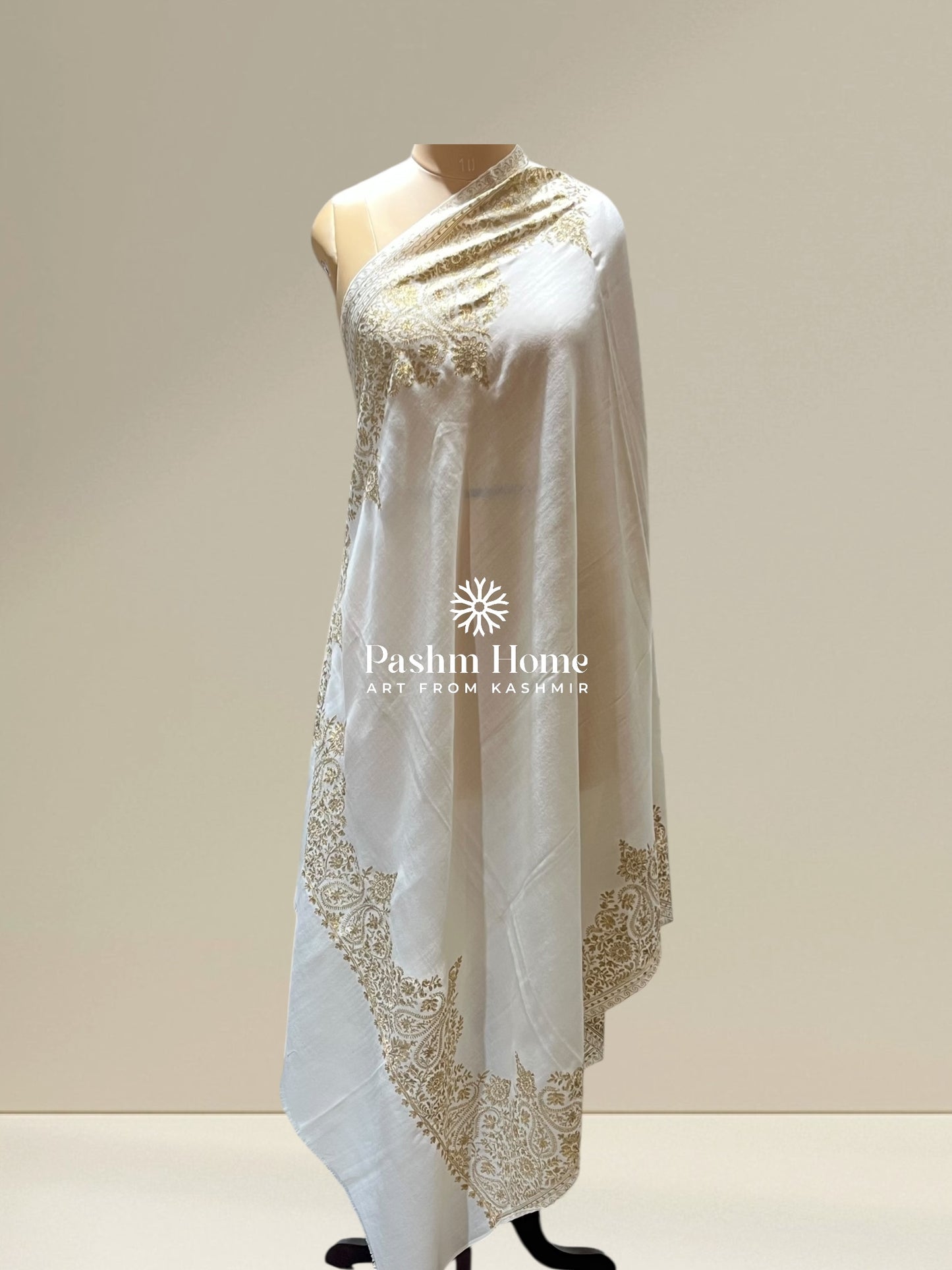 White Fine Wool Zari Shawl