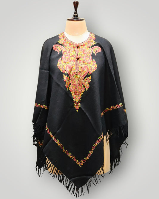 Black Multicolour Embroidery Handwoven Poncho