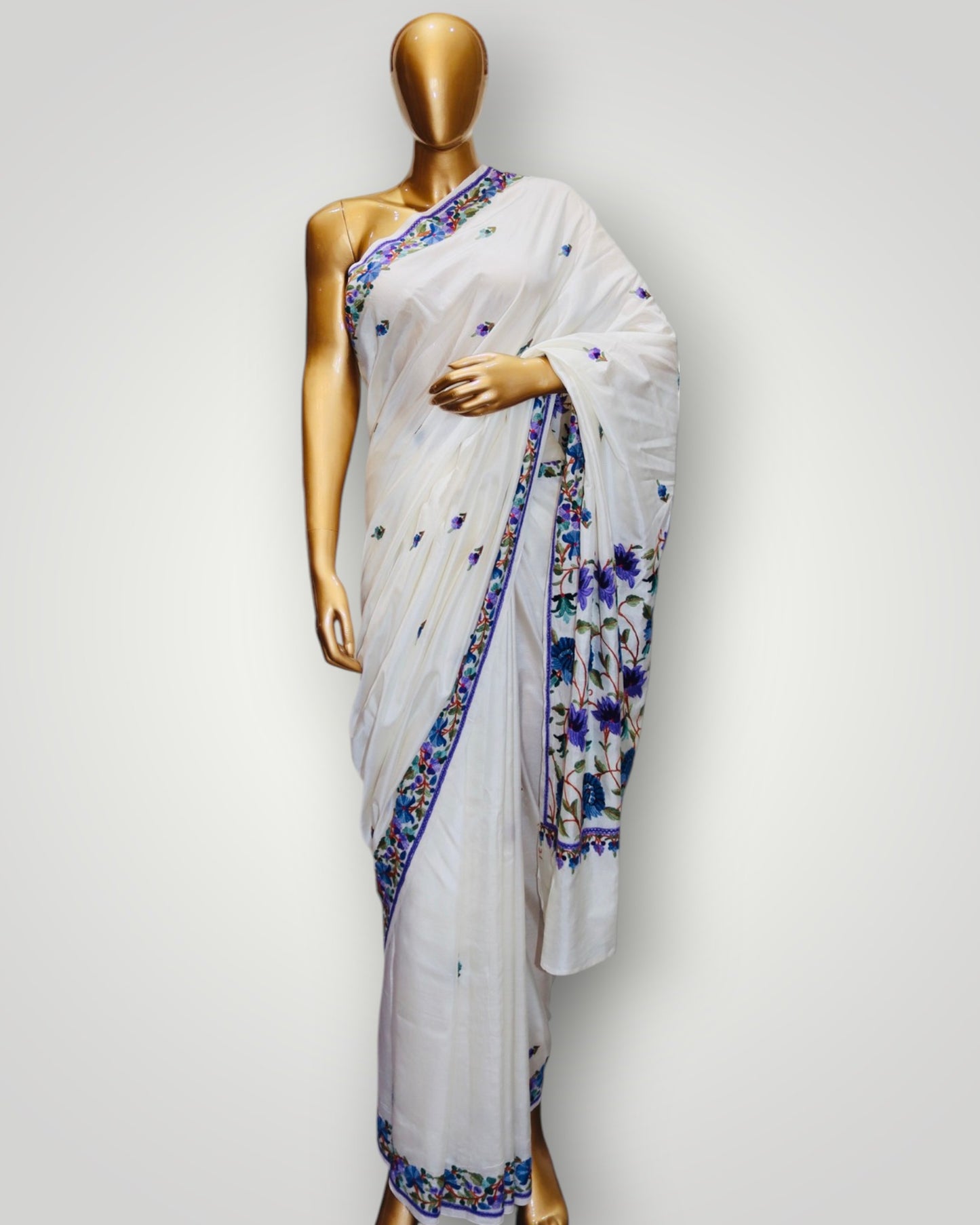 White Pure Silk Ari Work Saree