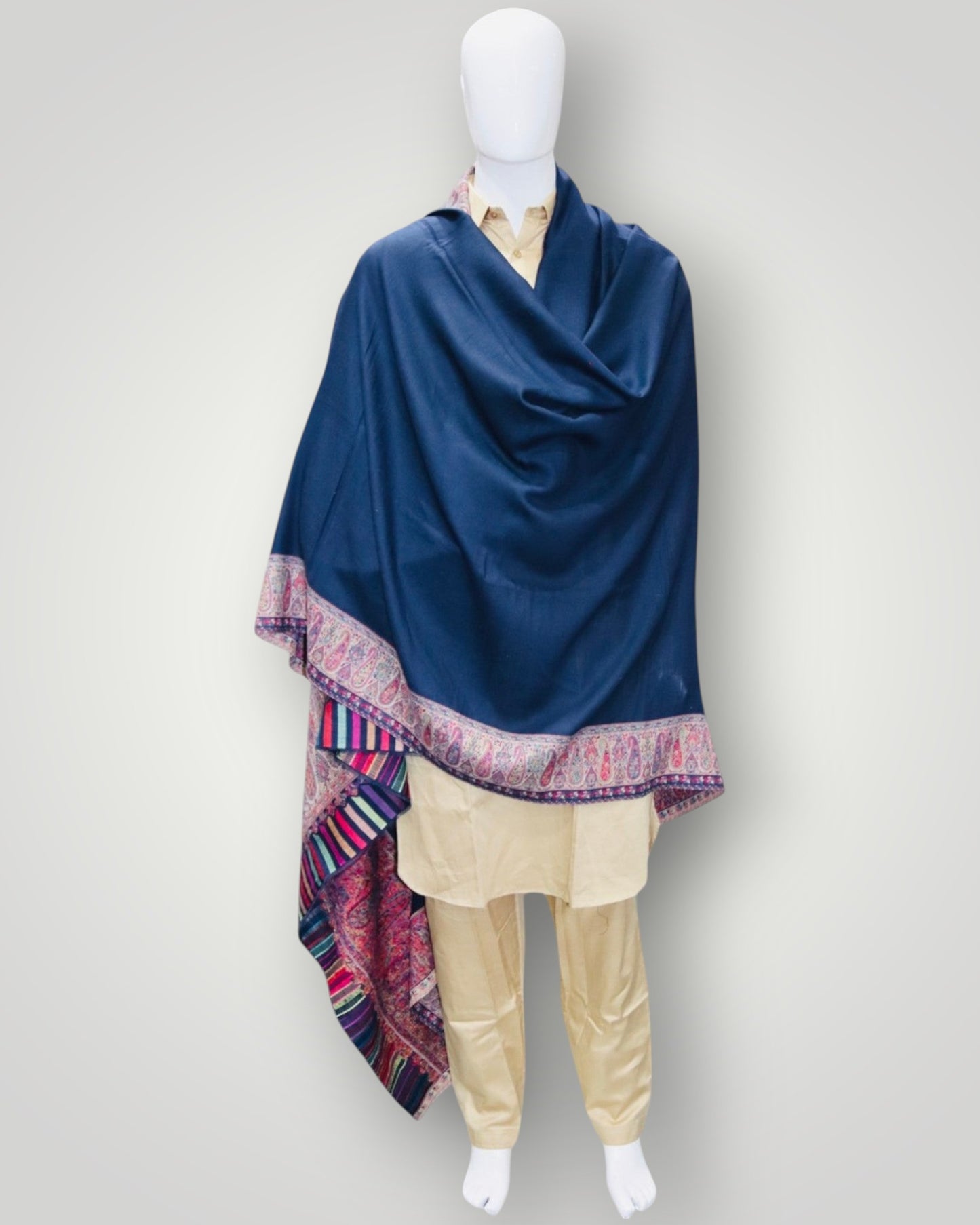 Navy Blue Cashmere Antique Kani Border Gents Shawl