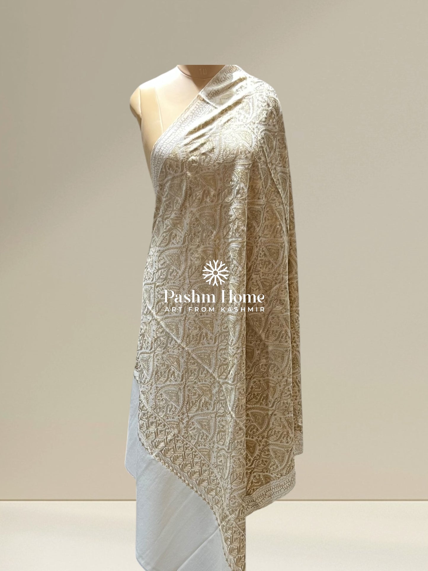 White Fine Wool Zari Shawl