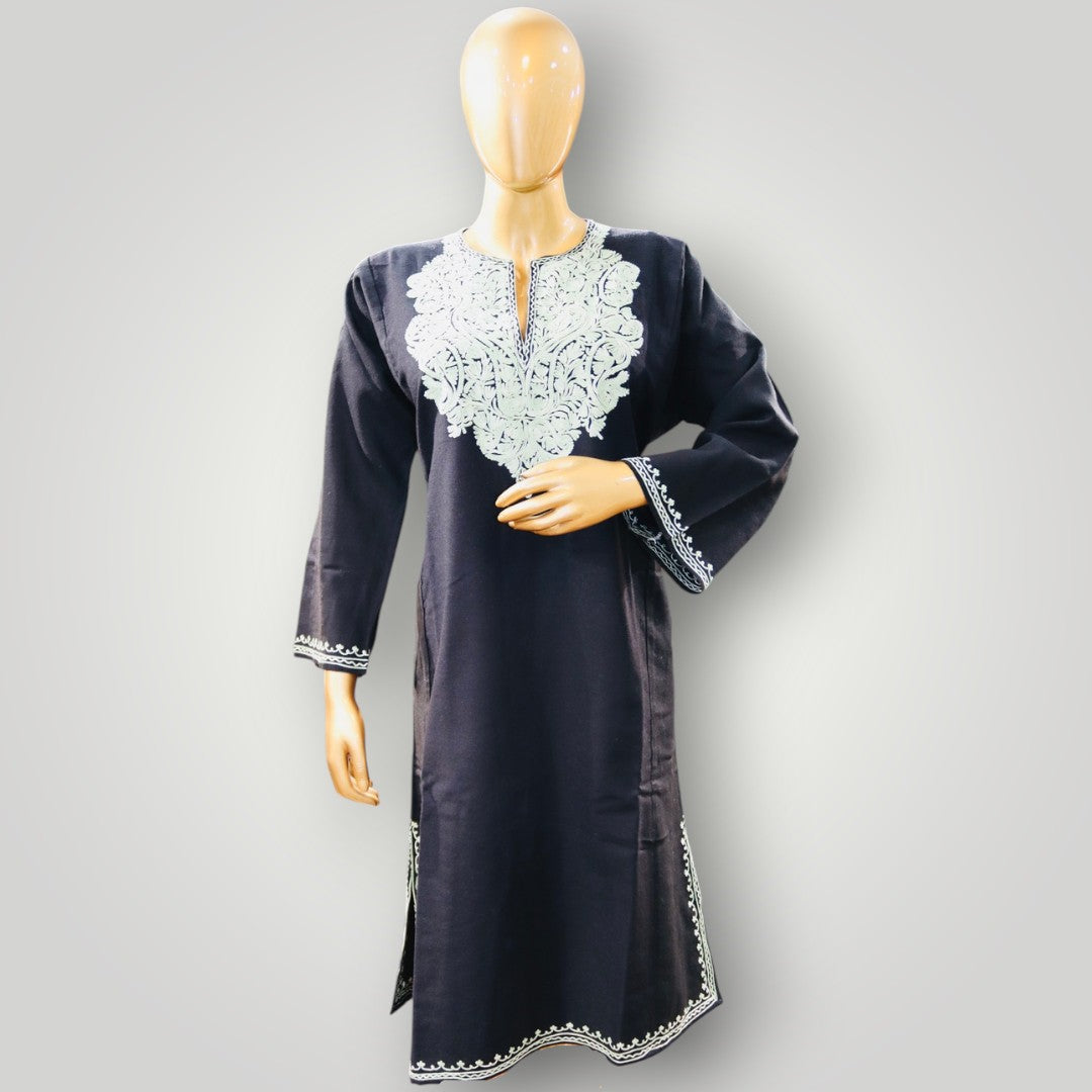 Black Handwork Ari Wool Pheran With Multicoloured Embroidery