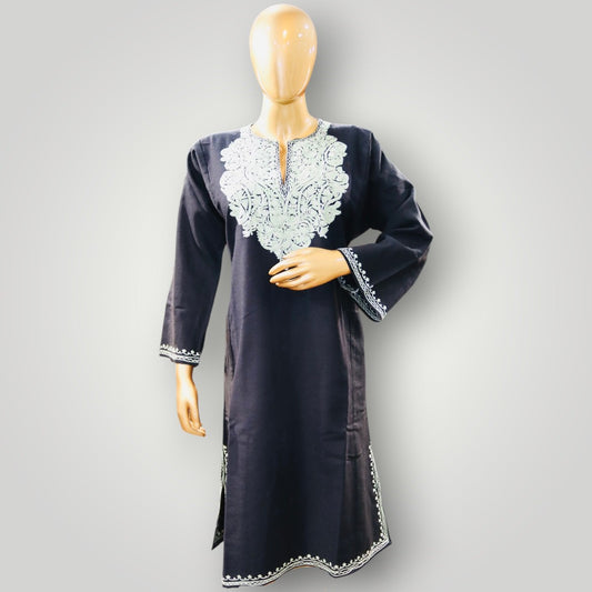 Black Handwork Ari Wool Pheran With Silver Embroidery