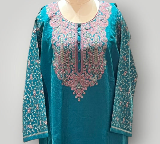 Teal Embroidered Ari Work Pheran