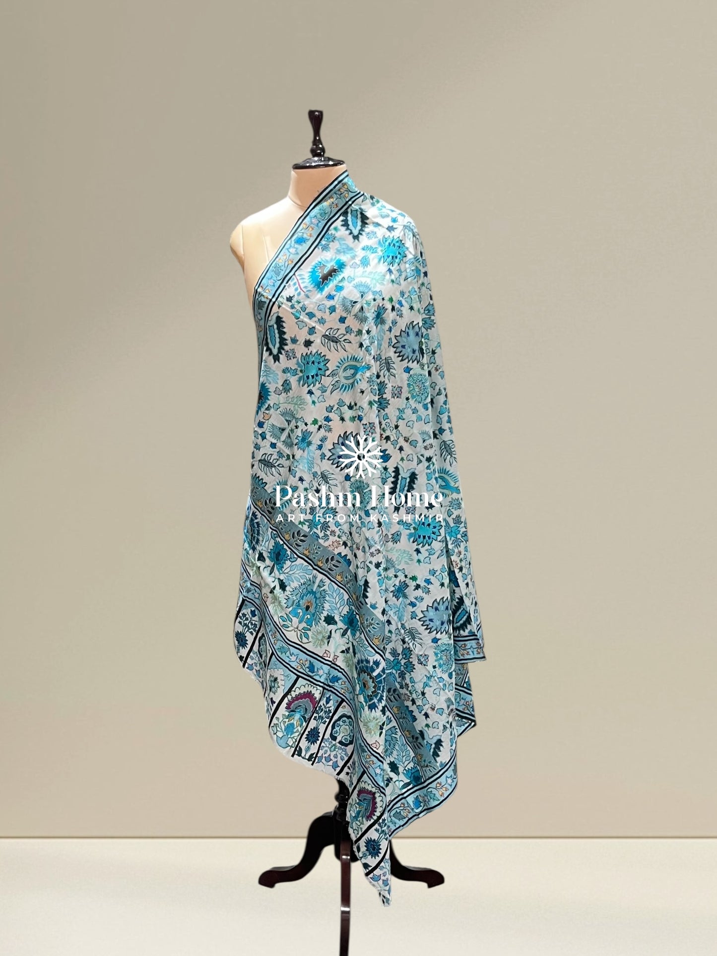 Tiffany Blue Floral Fine Wool Kalamkari Shawl