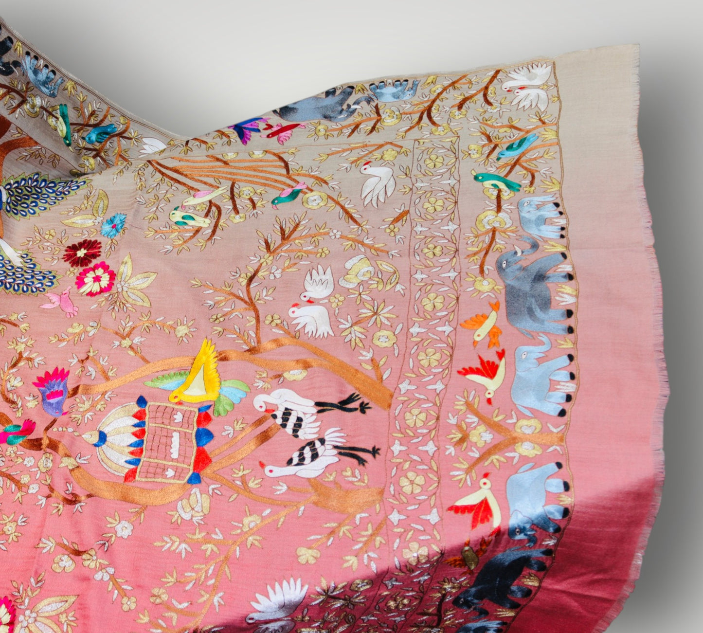 Peach Shikargah Pure Pashmina Handmade Kalamkari Shawl
