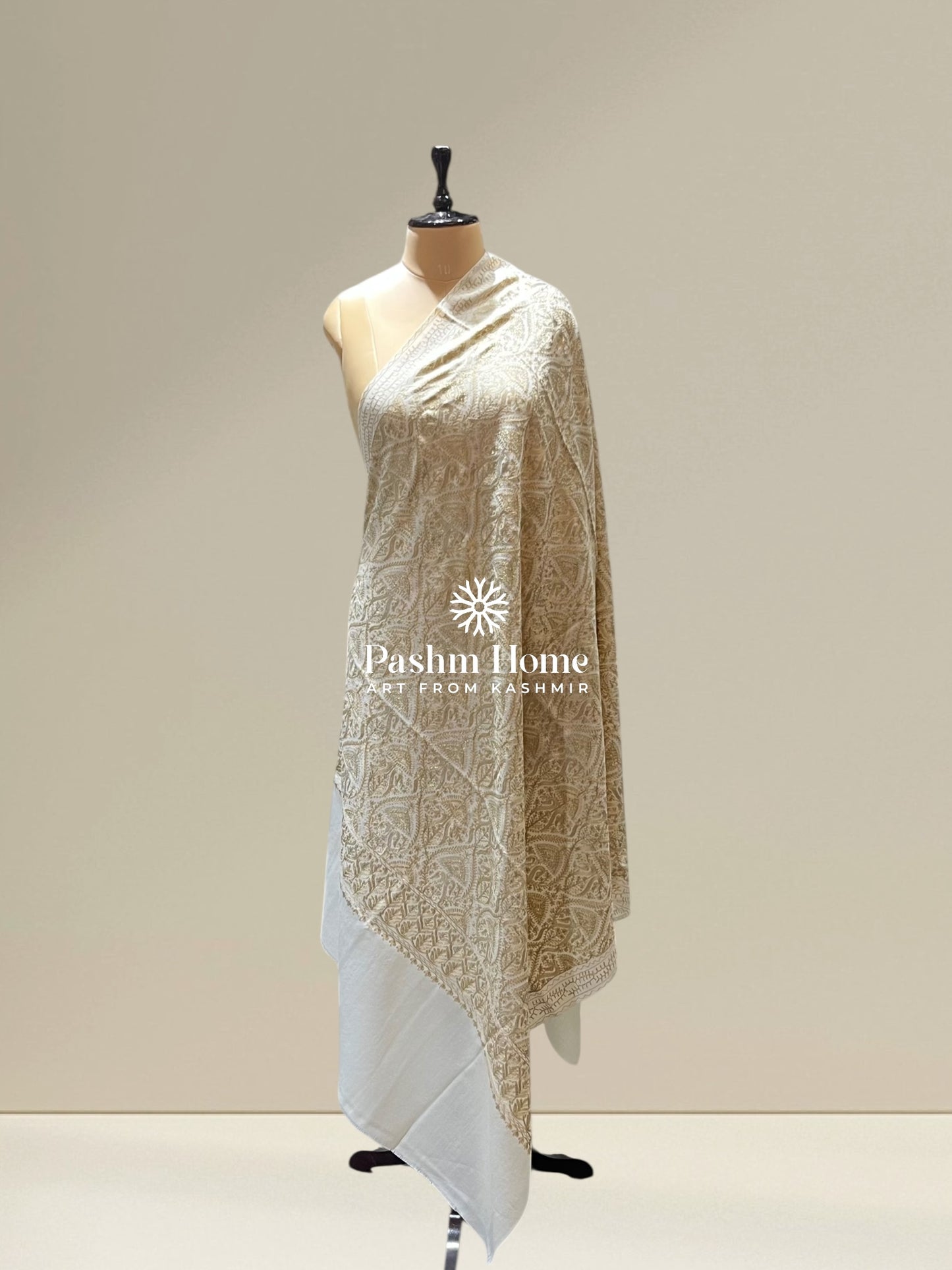 White Fine Wool Zari Shawl