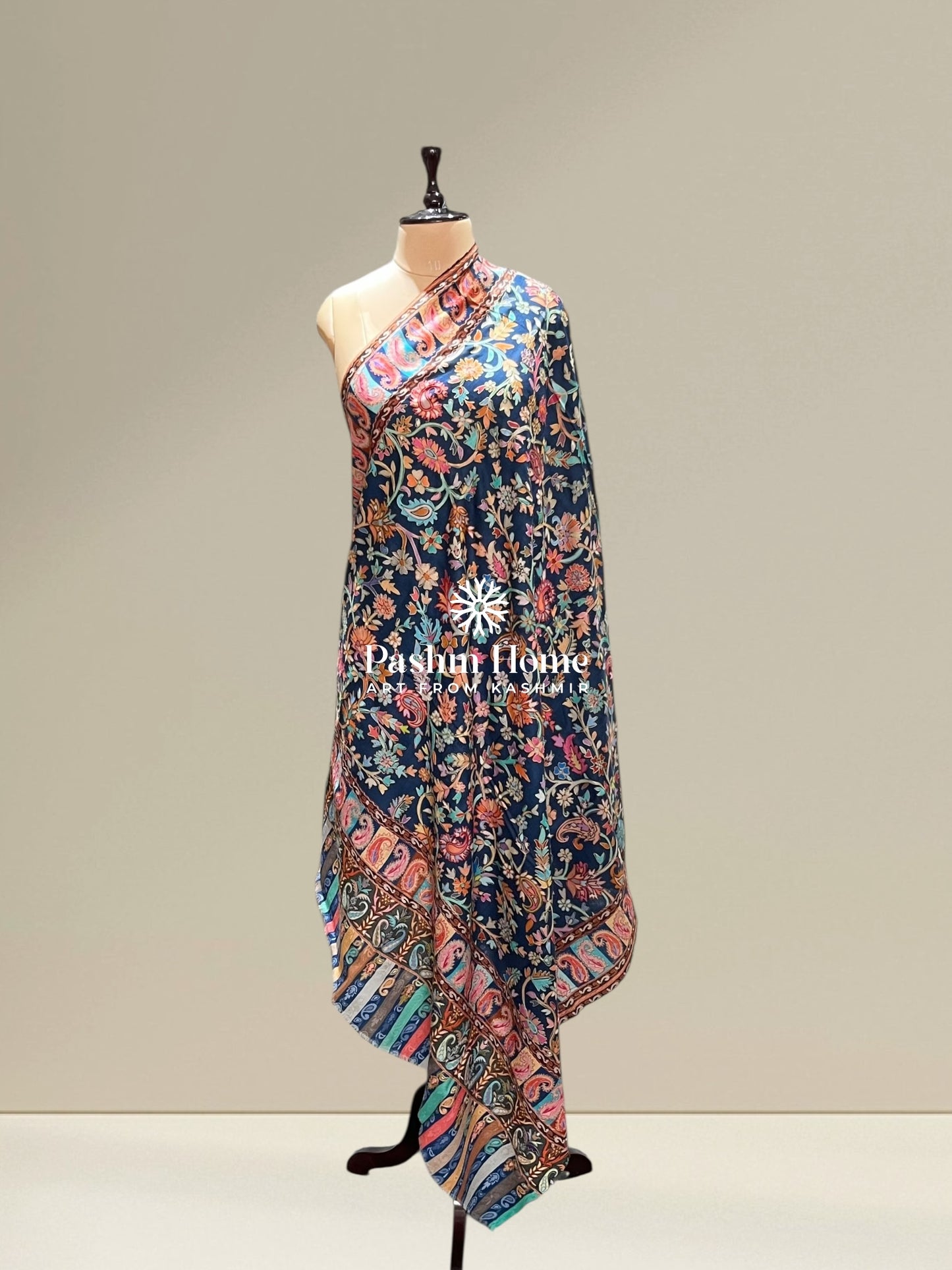 Blue Multicolour Fine Wool Kalamkari Shawl