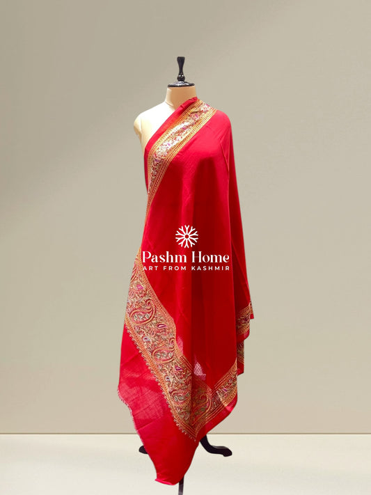 Red Fine Wool Zari Shawl