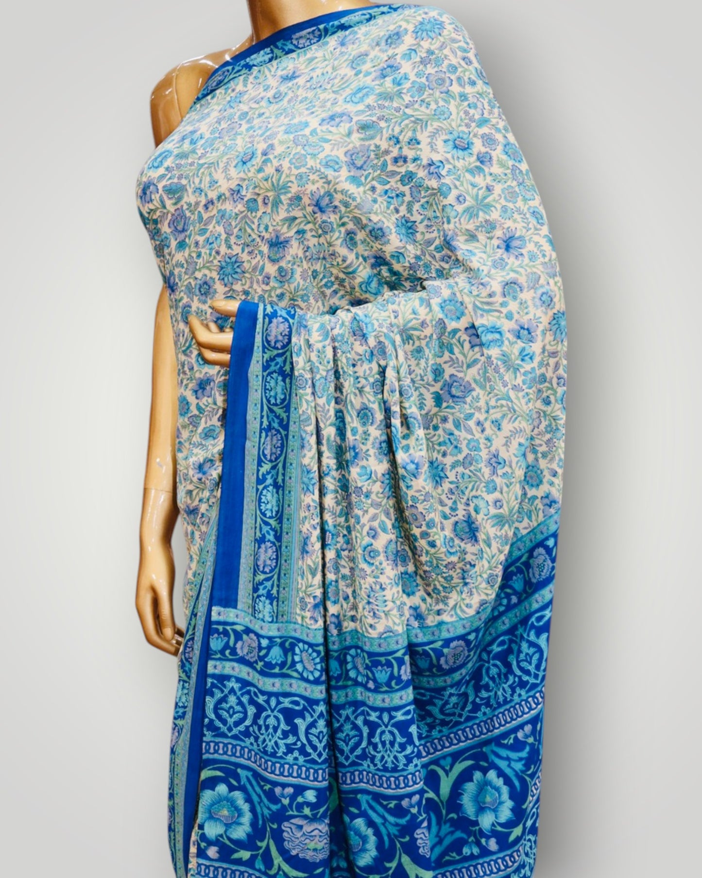 Blue Pure Crepe Printed Saree