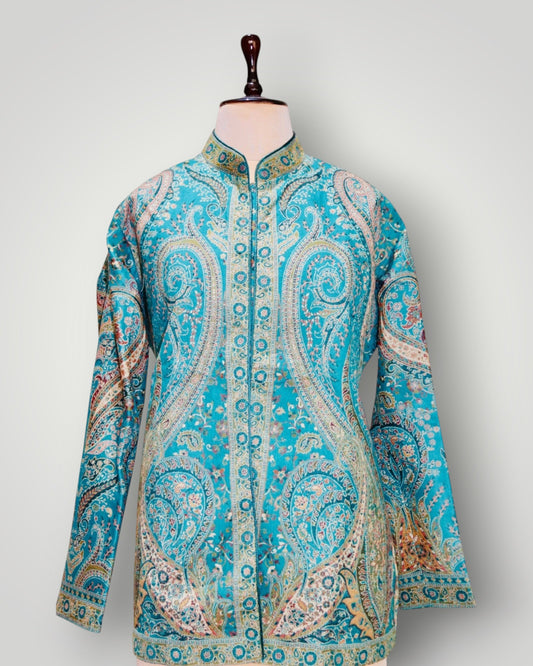 Blue Pure Wool Kani Jamawar Short Jacket