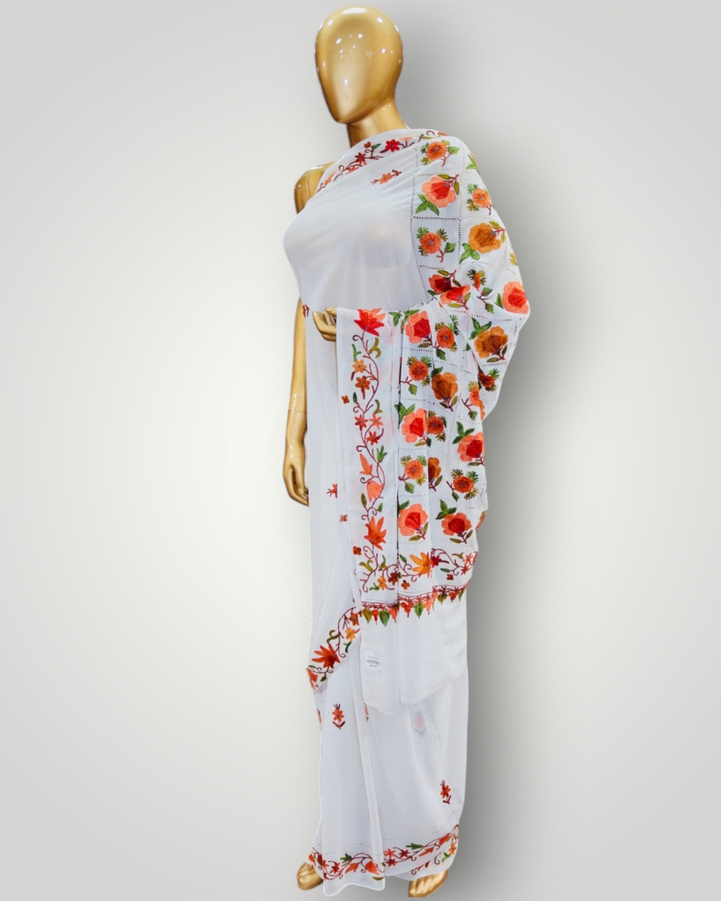 White Georgette Ari Cut Work Saree