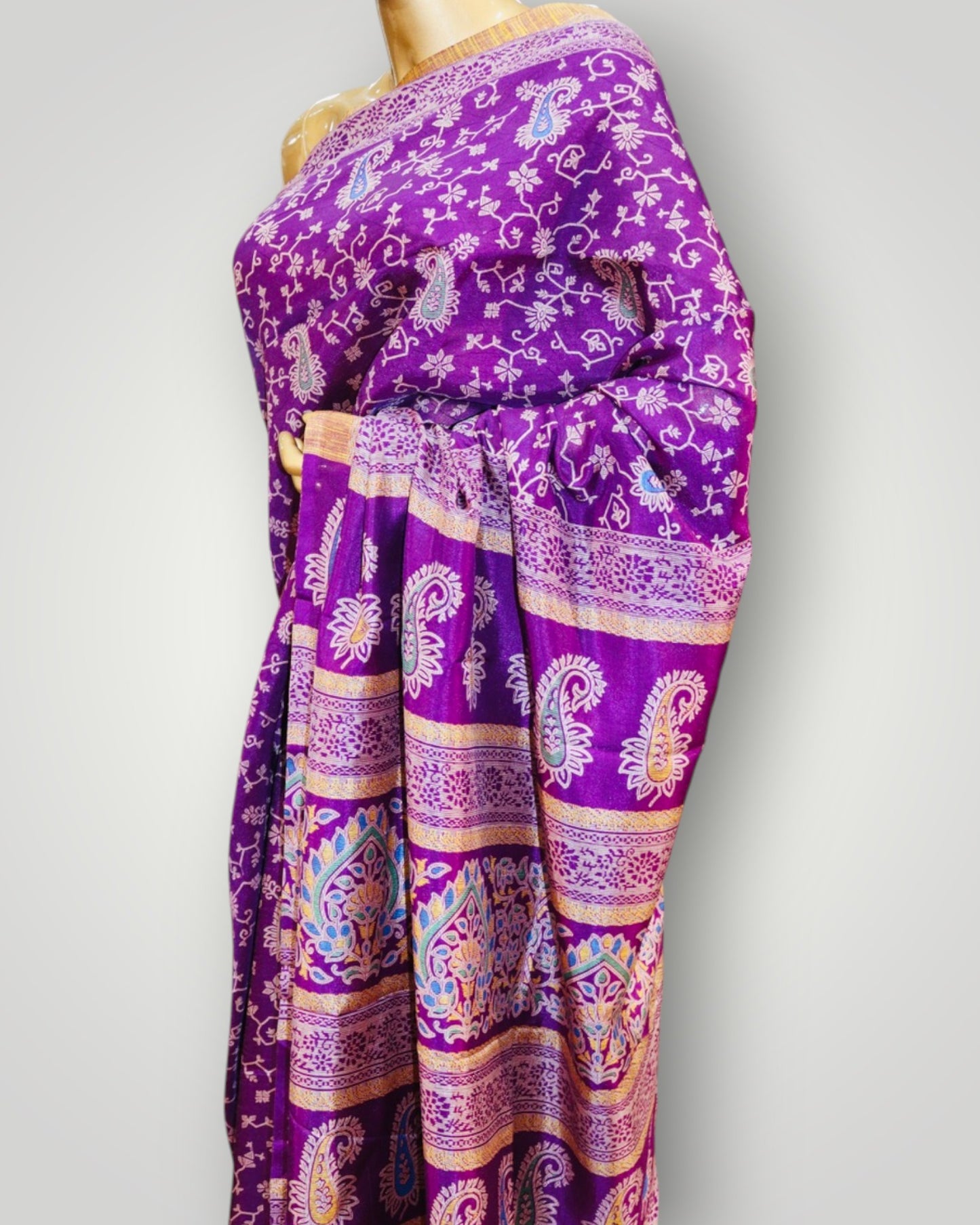 Purple All Over Printed Silk Saree