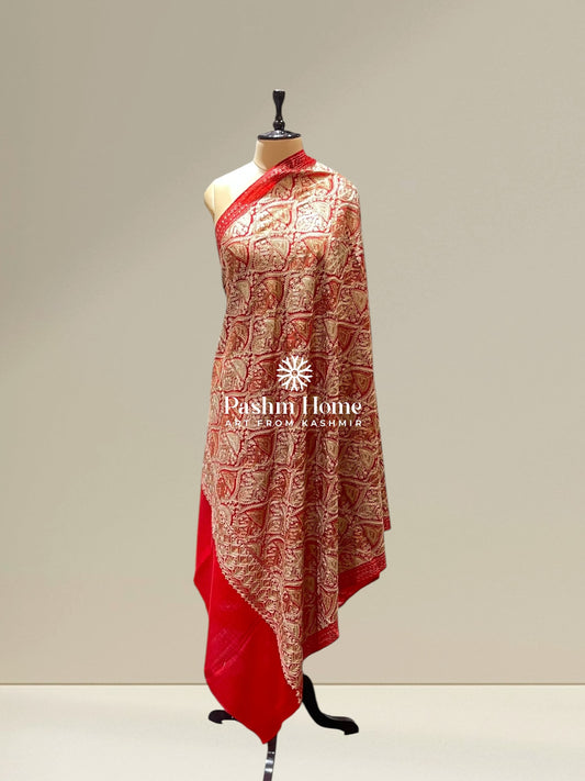 Red Fine Wool Zari Shawl