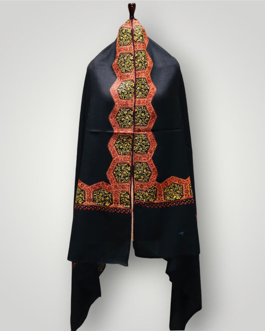 Black Pure Wool Sozni Shawl
