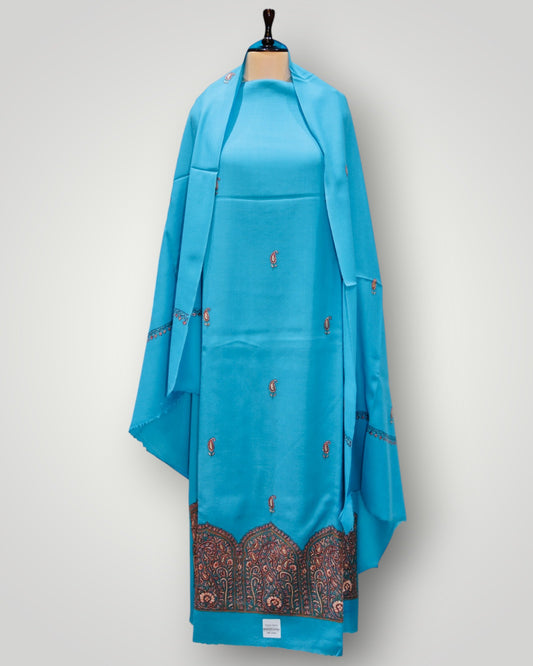 Blue Pure Wool Hand Sozni Suit With Dupatta