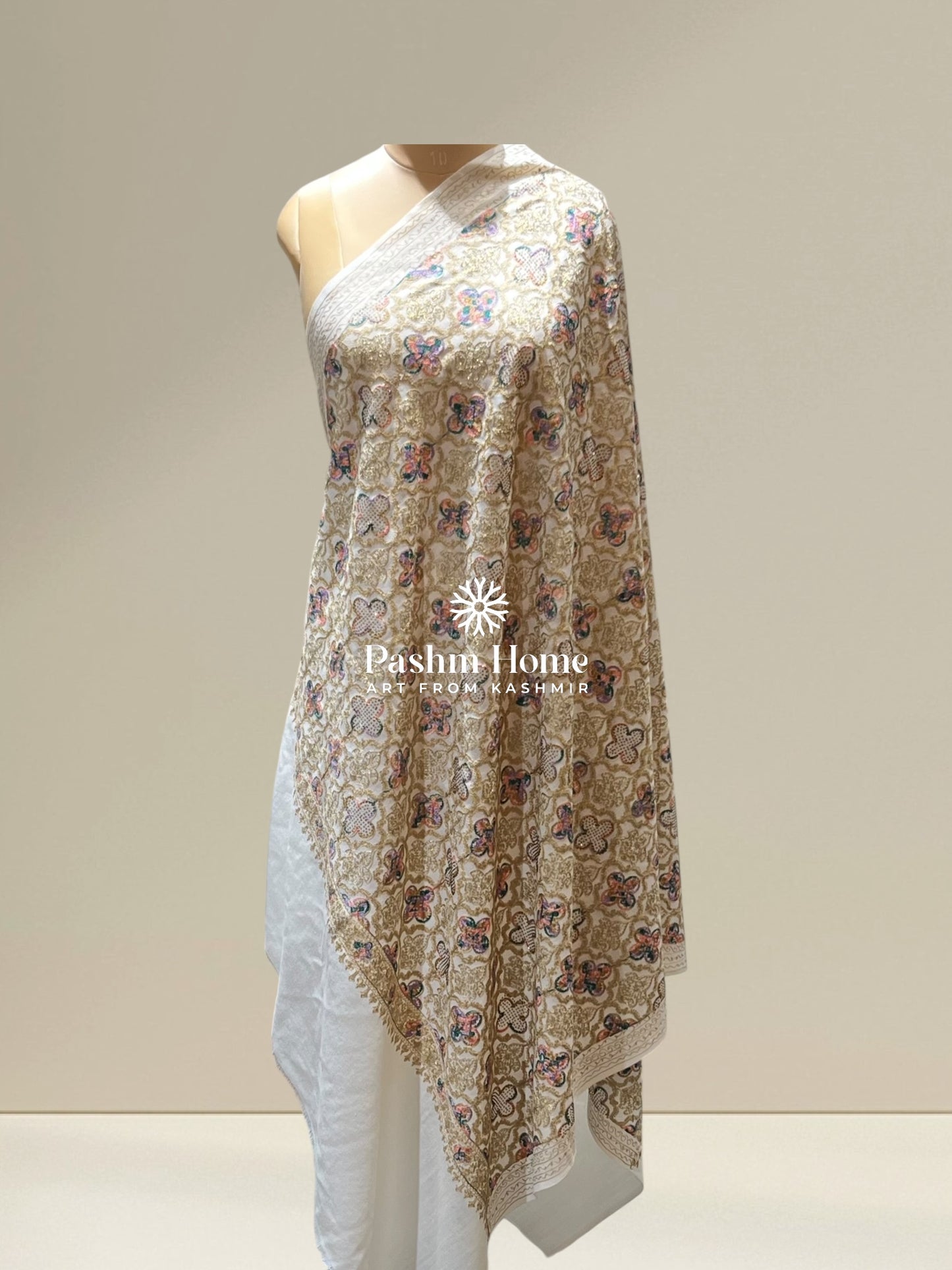 White Fine Wool Zari Shawl