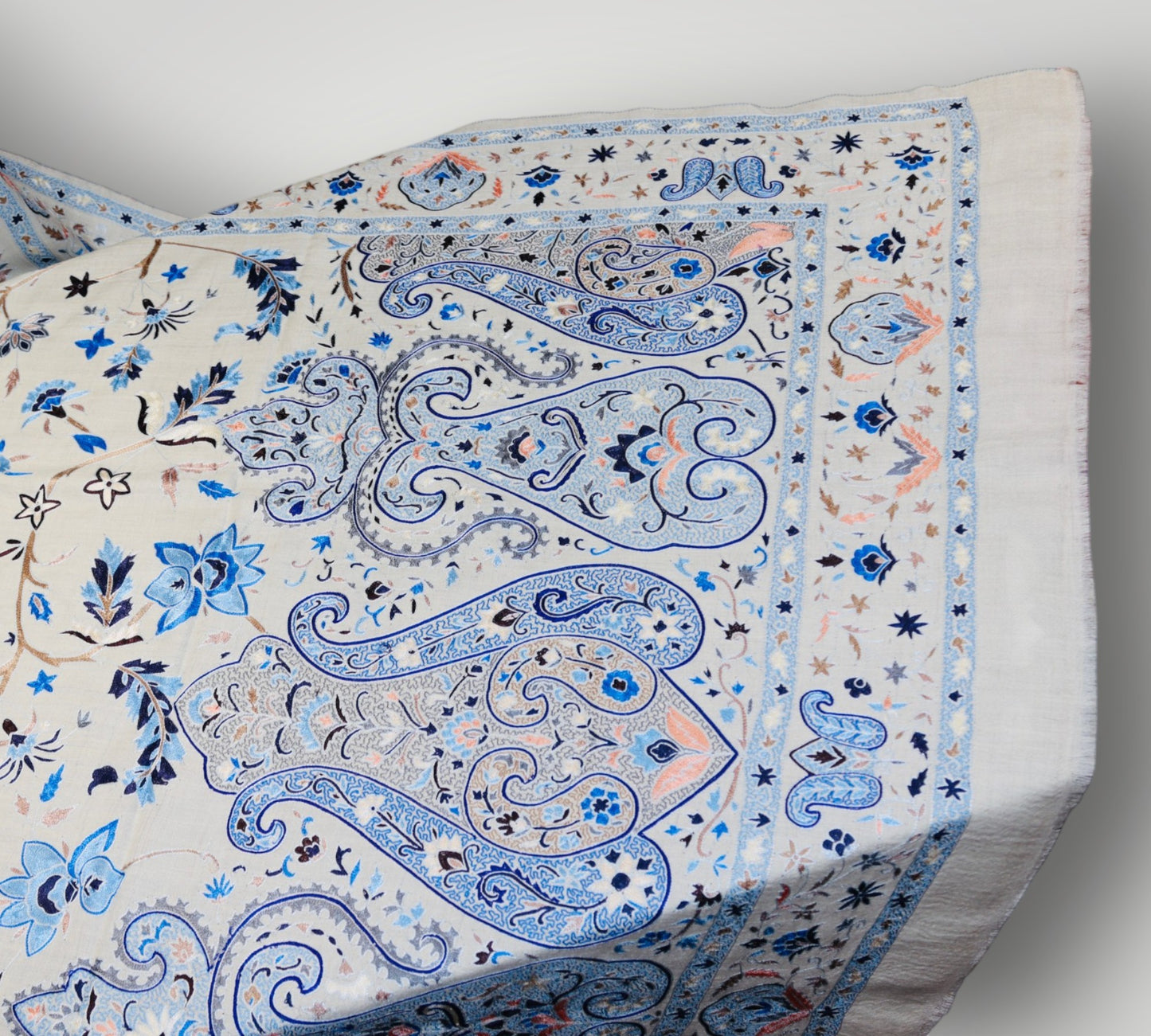 White Floral Pure Pashmina Handmade Kalamkari Shawl