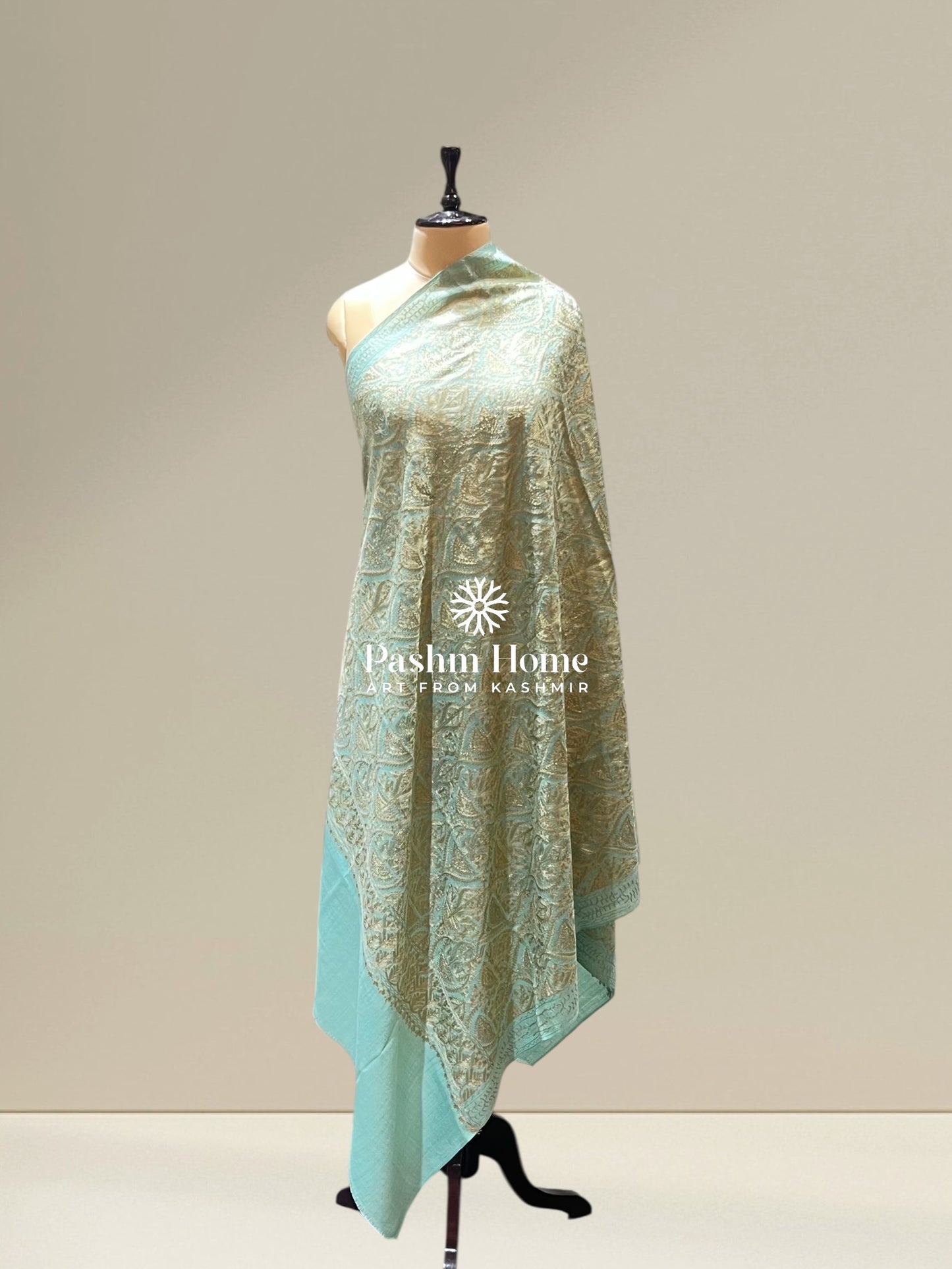 Light Blue Fine Wool Zari Shawl