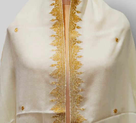 White Toosha Sozni Tilla Handmade Shawl
