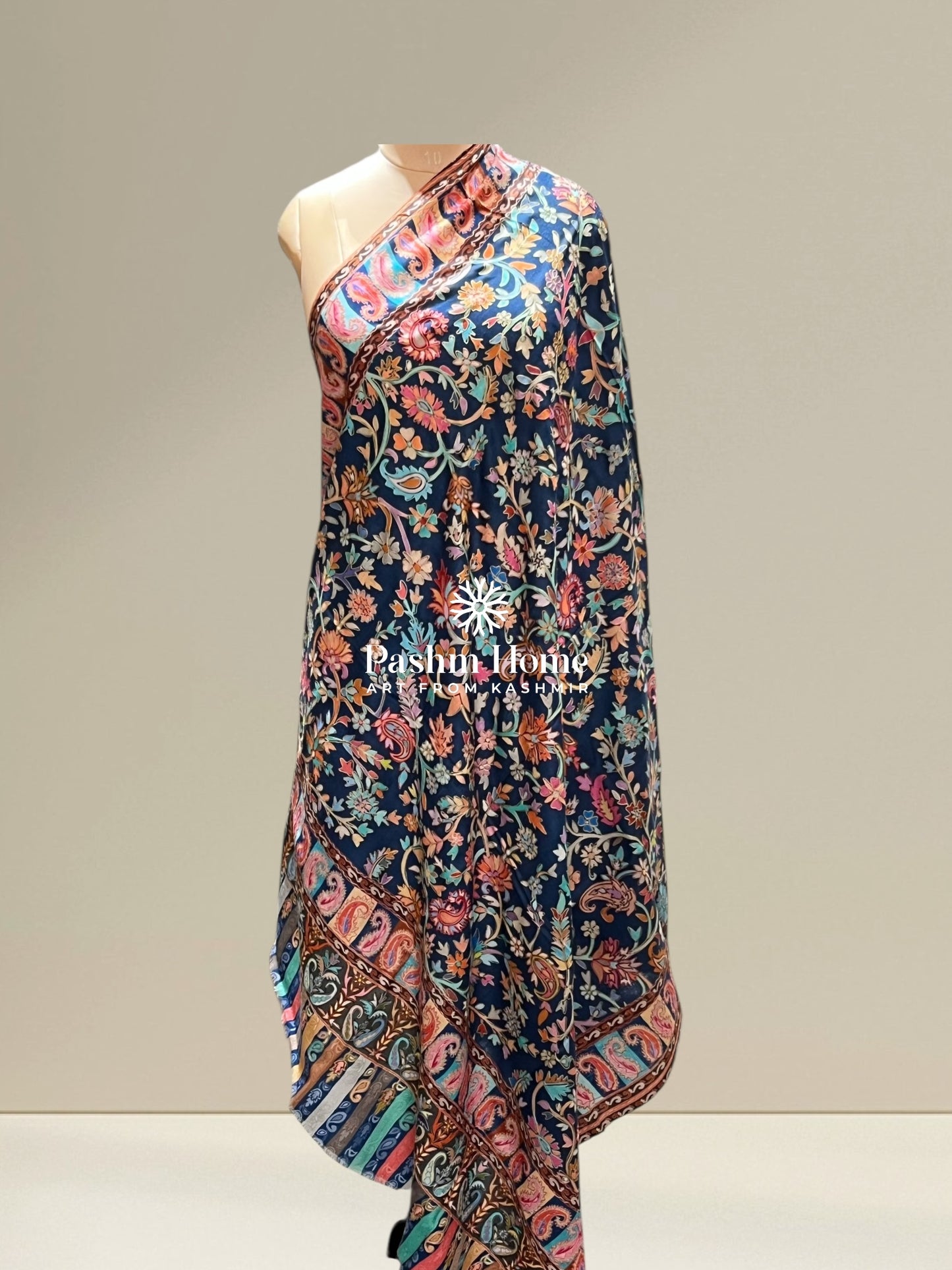 Blue Multicolour Fine Wool Kalamkari Shawl