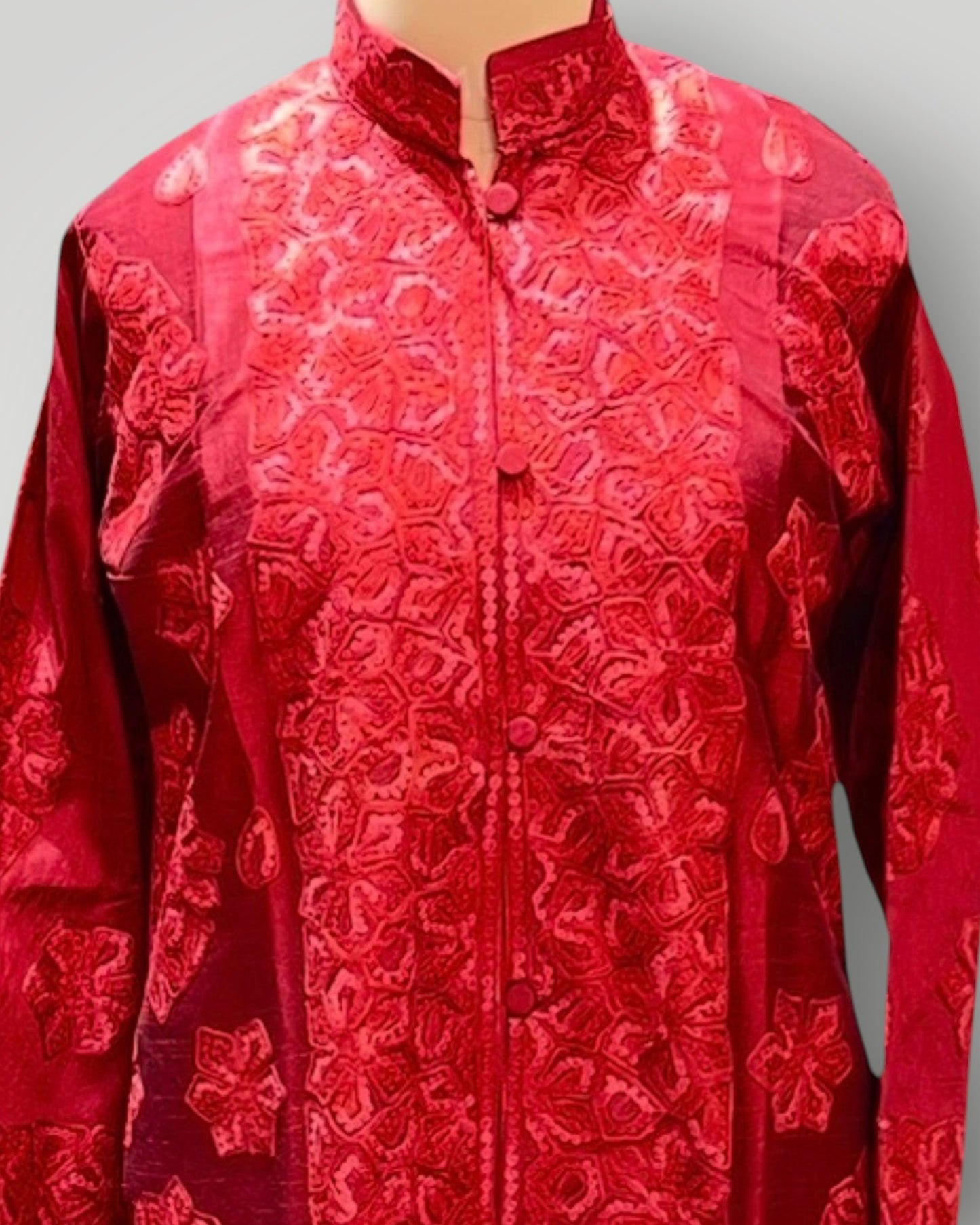 Red Cashmere Silk Hand Embroidered Ari Long Jacket